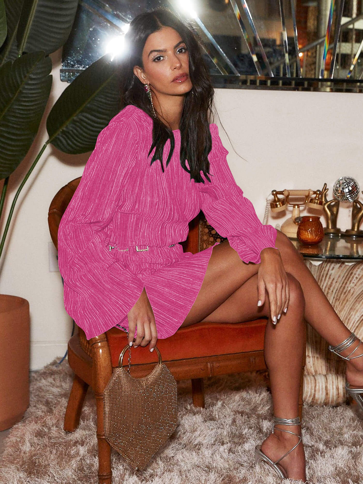 Rodeo Nights Plisse Bell Sleeve Mini Dress - Fuchsia - Image 8