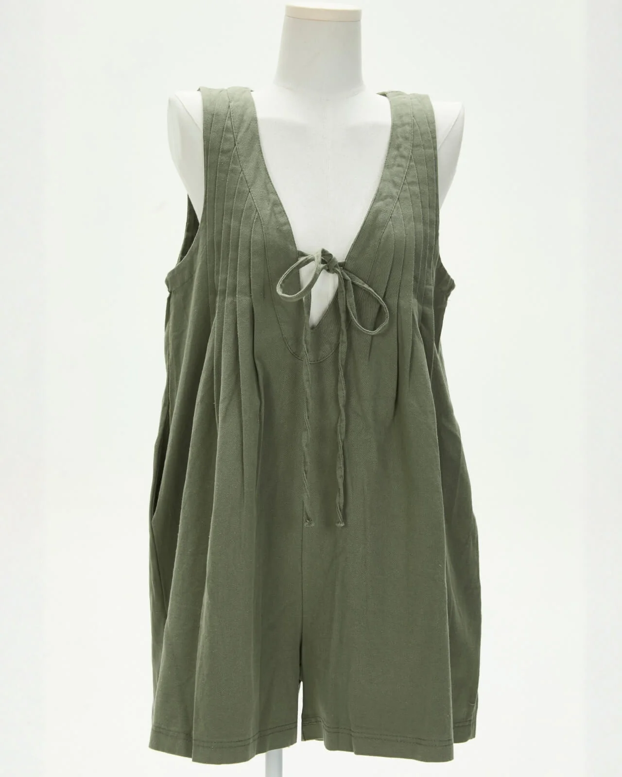 Rudi Pleated Front Tie Denim Romper - olive - Image 6