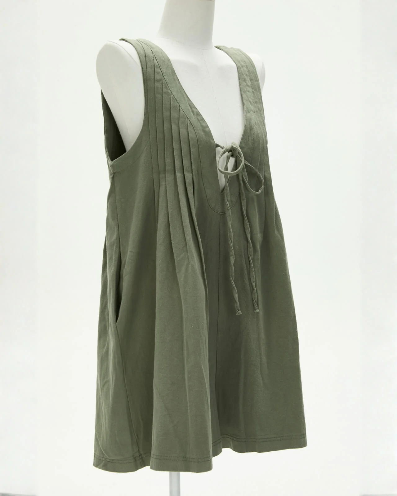 Rudi Pleated Front Tie Denim Romper - olive - Image 7