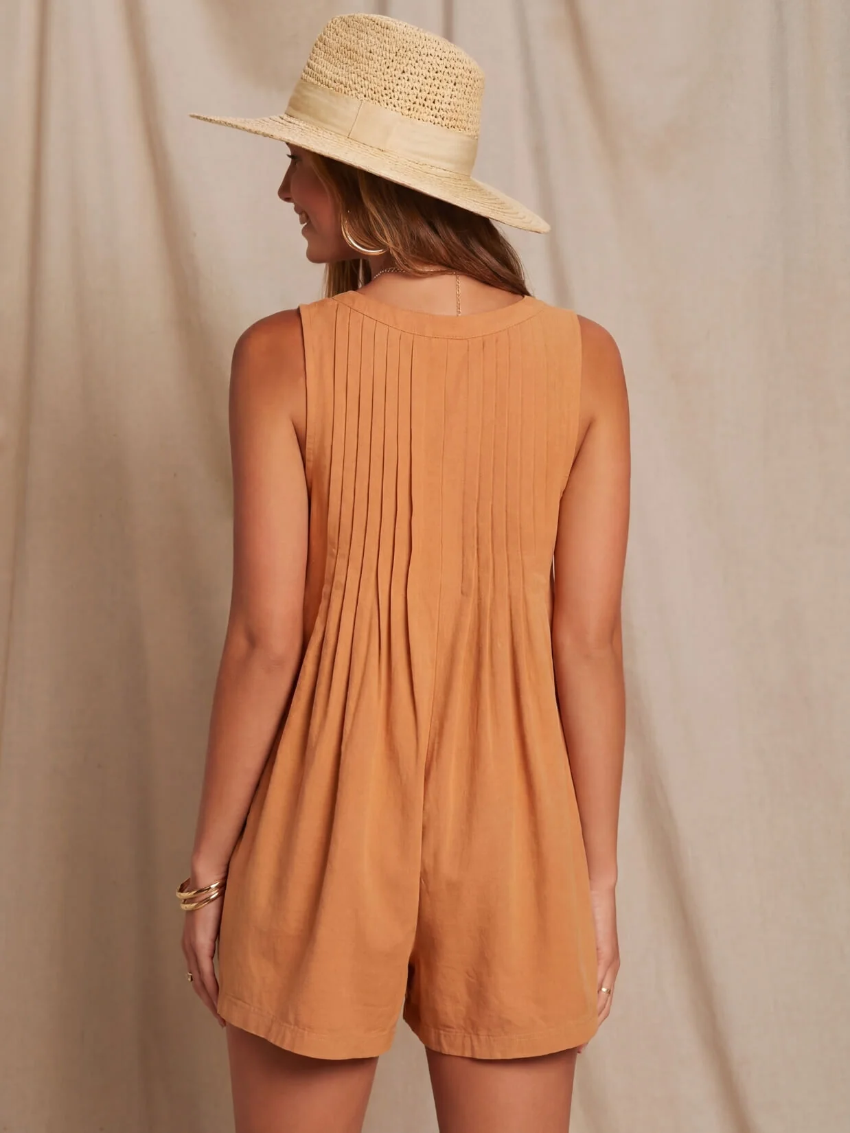 Rudi Pleated Front Tie Denim Romper - orange - Image 2
