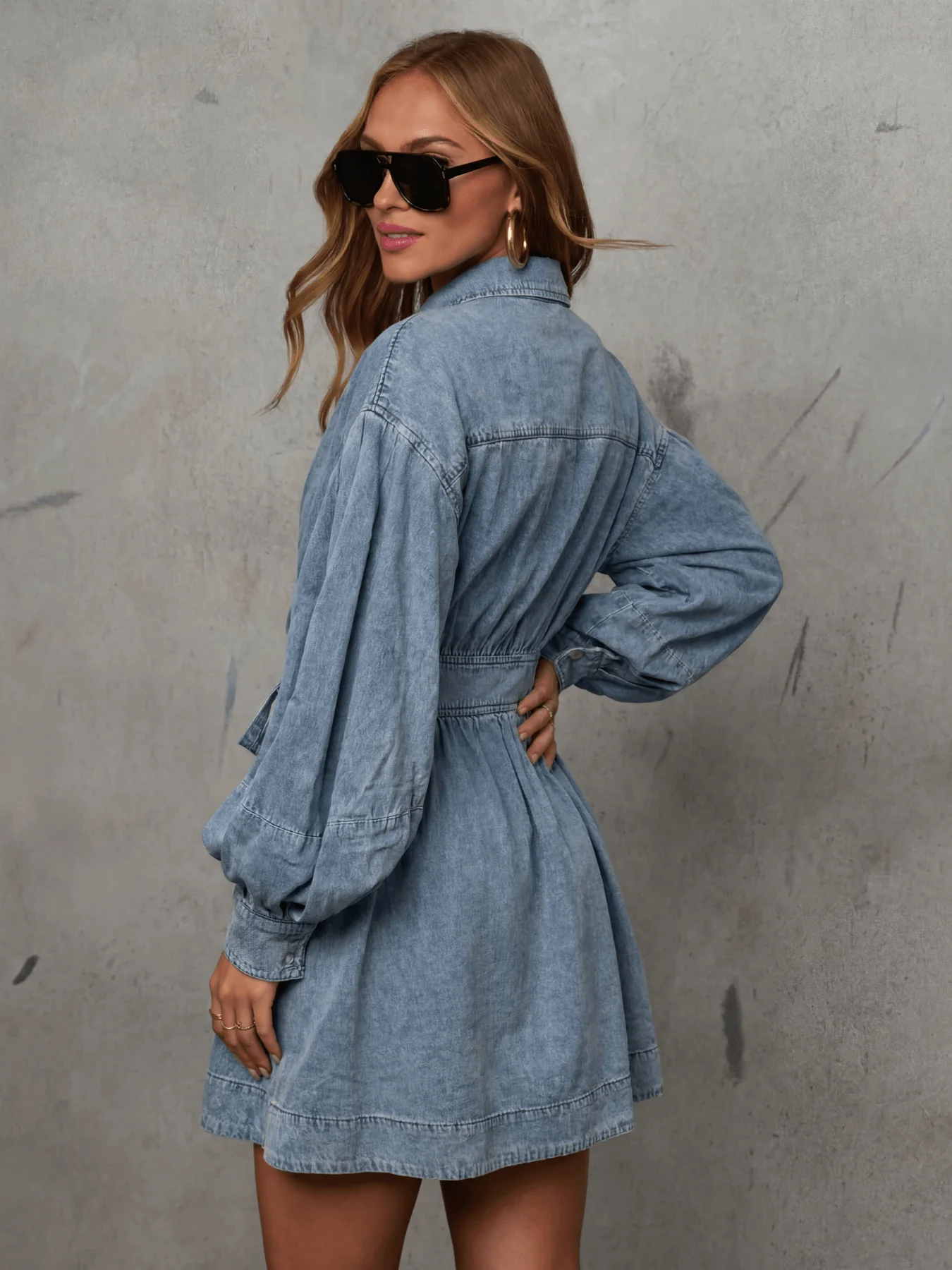 Rudi Puff Sleeve Waist Tie Denim Mini Dress - Image 3