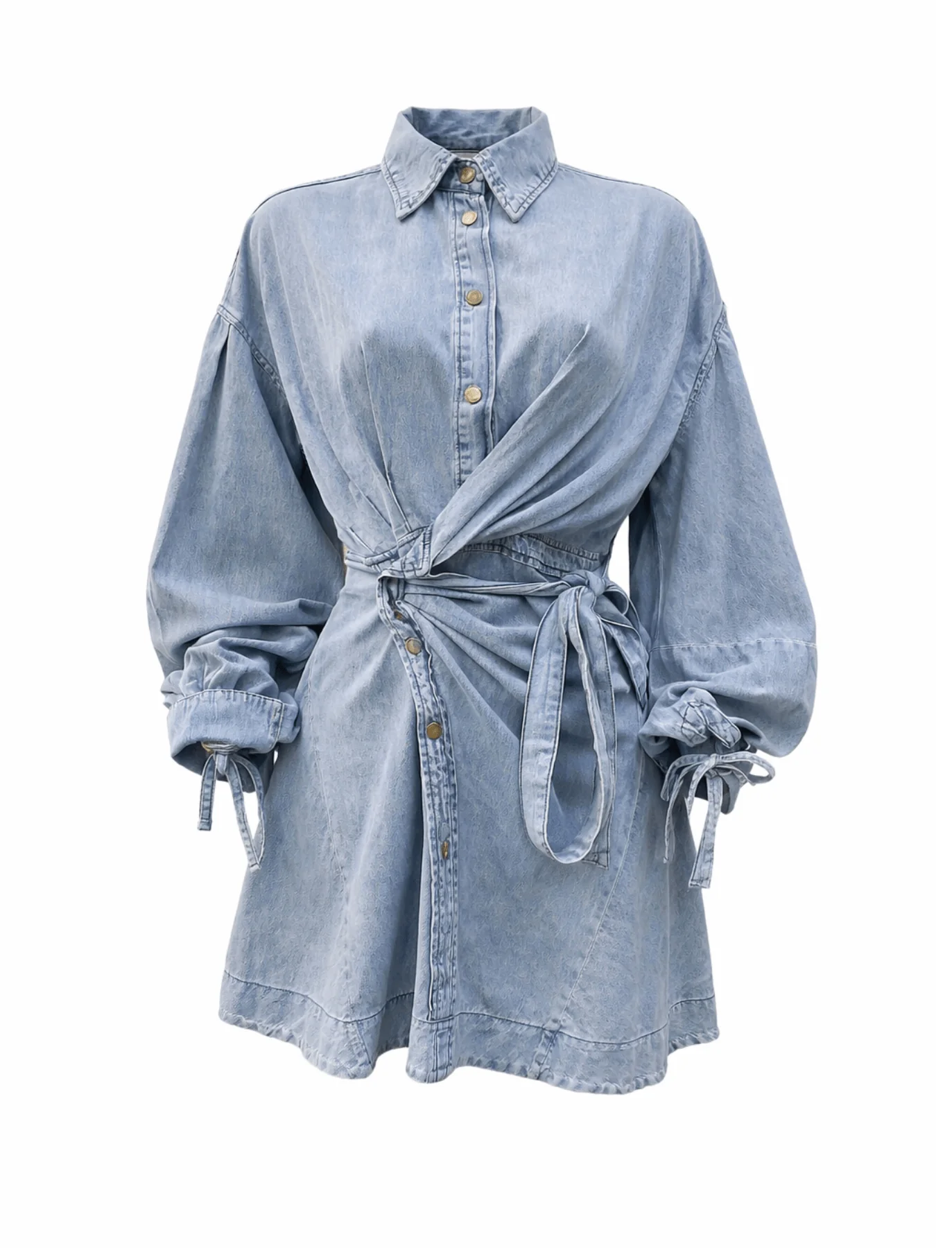 Rudi Puff Sleeve Waist Tie Denim Mini Dress - Image 4