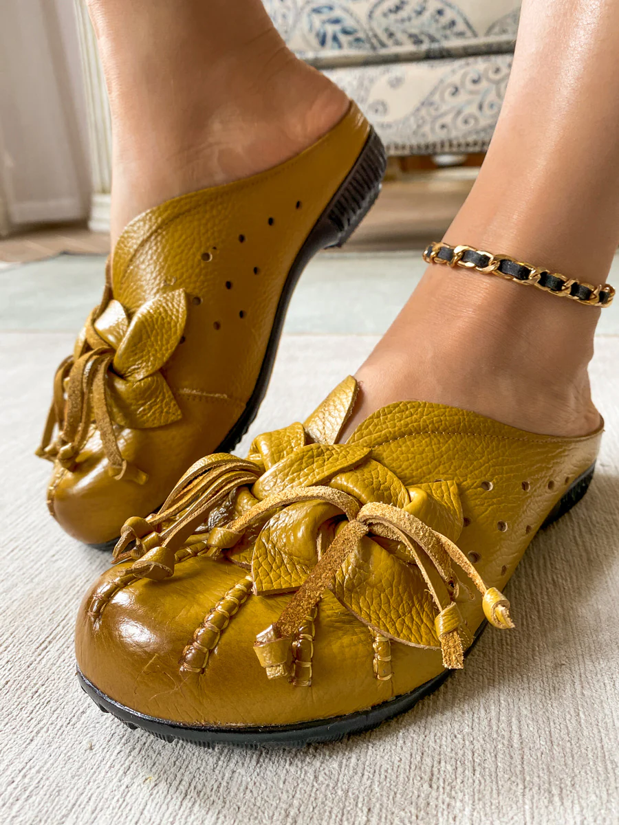 Rumour Has It | Flower Tassel Perforated Accent Leather Mules - Yellow - Image 5