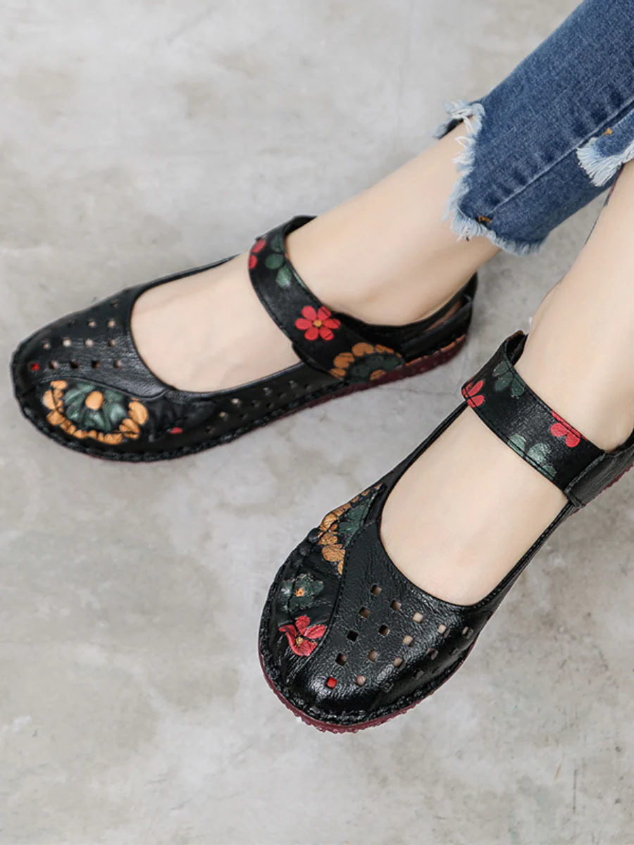 Rumour Has It | Perforated Flower Printed Leather Mary Jane - Black - Image 3