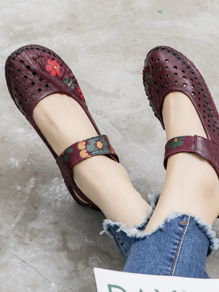 Rumour Has It | Perforated Flower Printed Leather Mary Jane Flats- Purple - Image 3