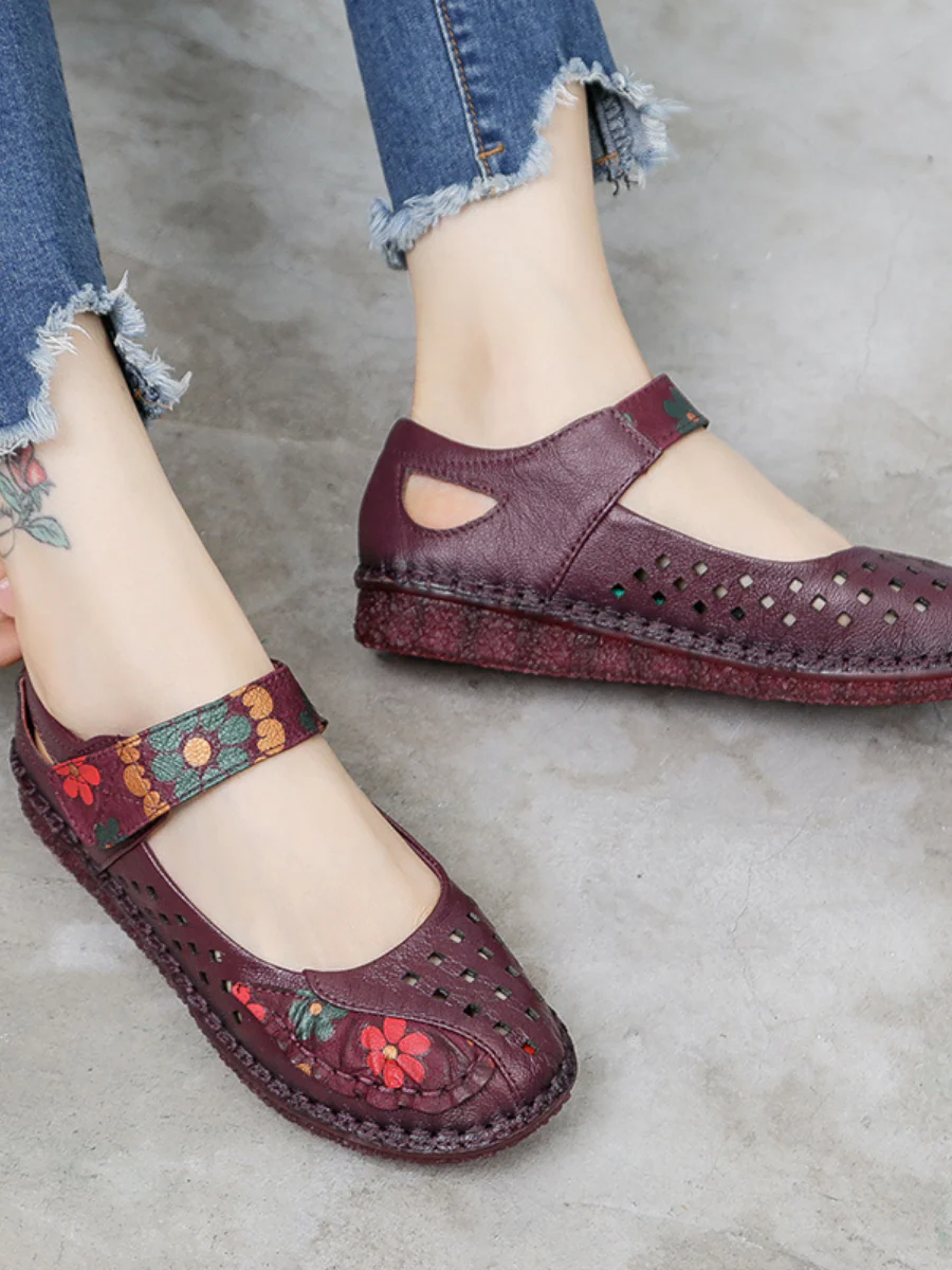 Rumour Has It | Perforated Flower Printed Leather Mary Jane Flats- Purple - Image 4