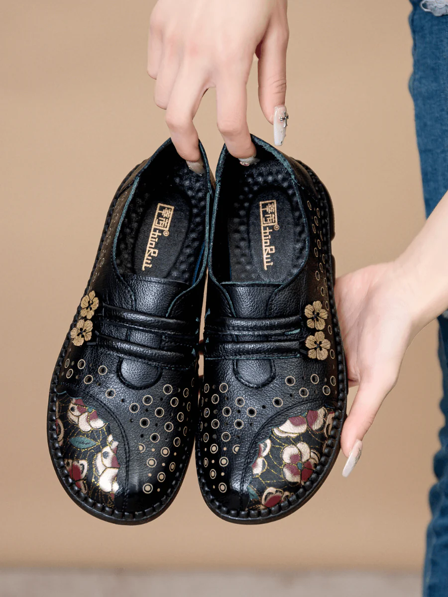 RUMOUR HAS IT | PERFORATED UPPER FLORAL EMBOSSED LEATHER LOAFER - BLACK
