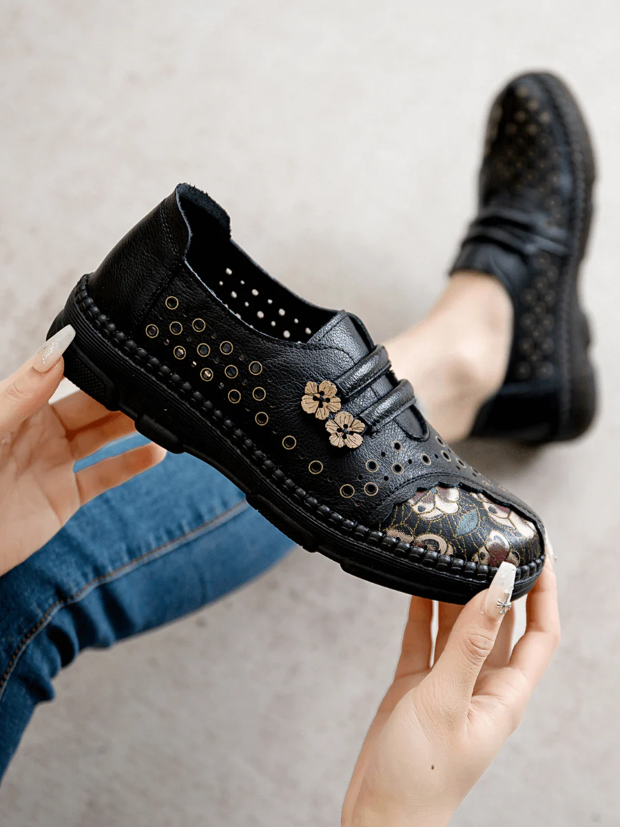 RUMOUR HAS IT | PERFORATED UPPER FLORAL EMBOSSED LEATHER LOAFER - BLACK - Image 2