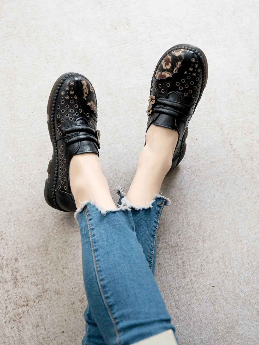 RUMOUR HAS IT | PERFORATED UPPER FLORAL EMBOSSED LEATHER LOAFER - BLACK - Image 4