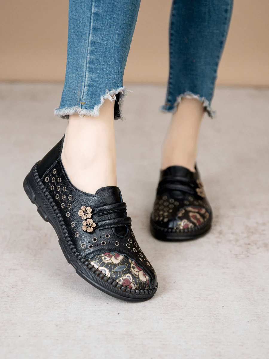 RUMOUR HAS IT | PERFORATED UPPER FLORAL EMBOSSED LEATHER LOAFER - BLACK - Image 5