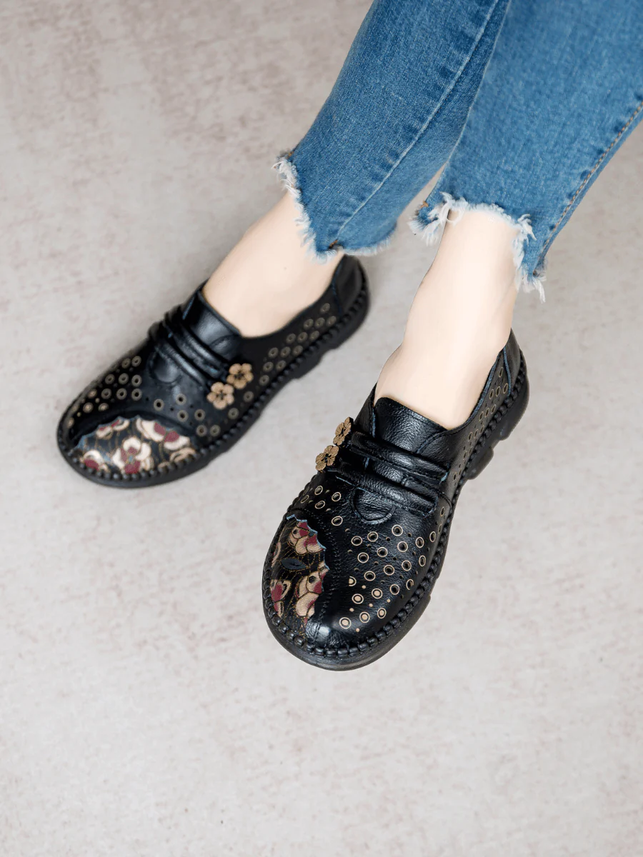RUMOUR HAS IT | PERFORATED UPPER FLORAL EMBOSSED LEATHER LOAFER - BLACK - Image 6