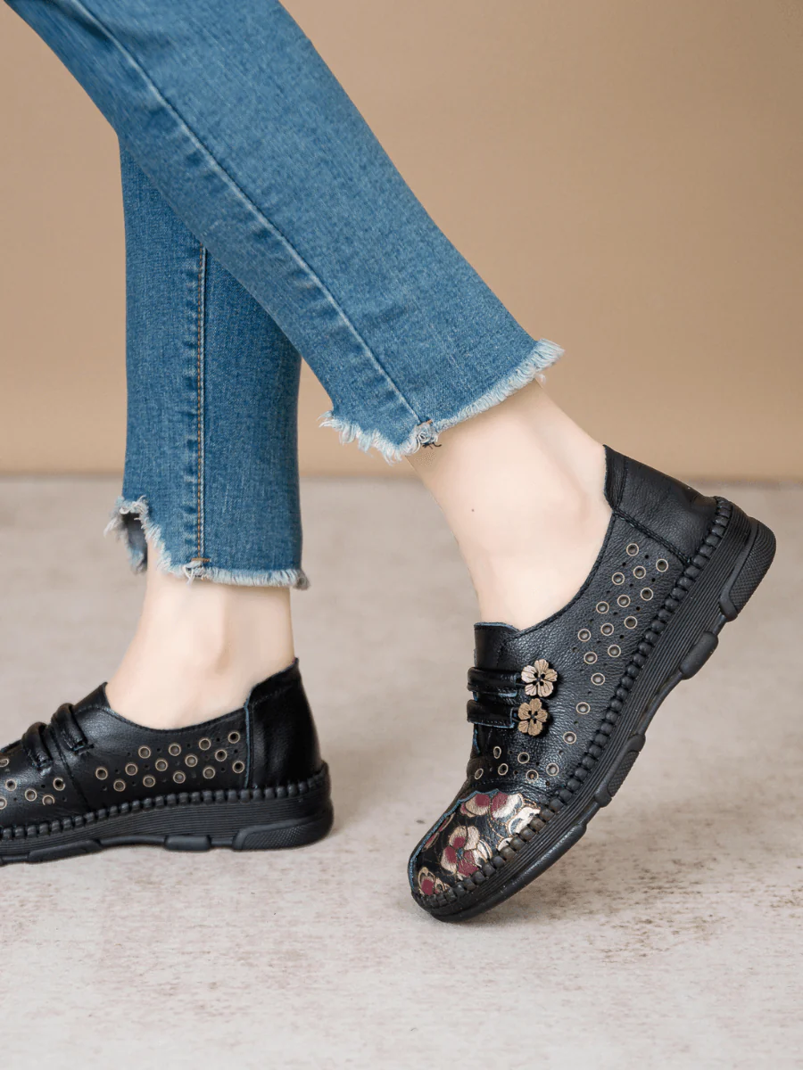 RUMOUR HAS IT | PERFORATED UPPER FLORAL EMBOSSED LEATHER LOAFER - BLACK - Image 7