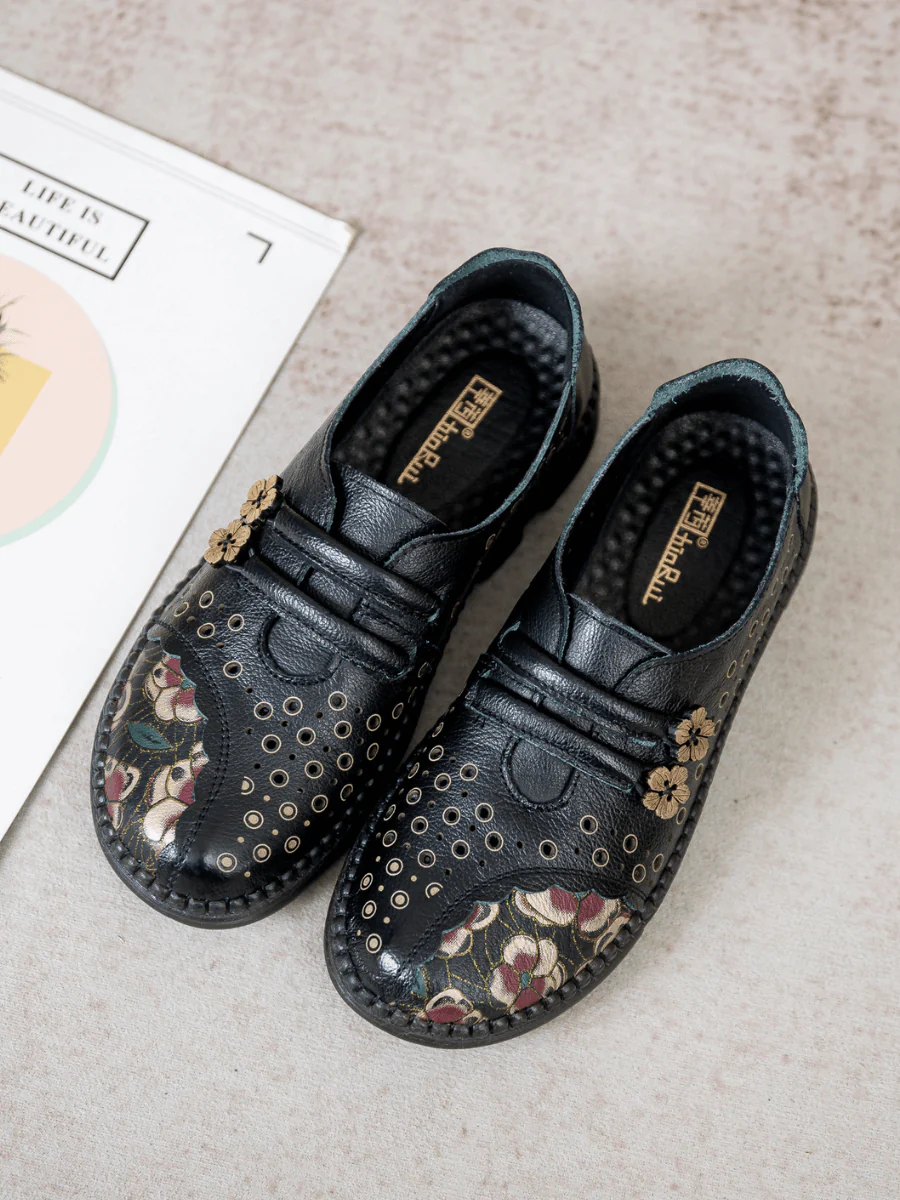 RUMOUR HAS IT | PERFORATED UPPER FLORAL EMBOSSED LEATHER LOAFER - BLACK - Image 8