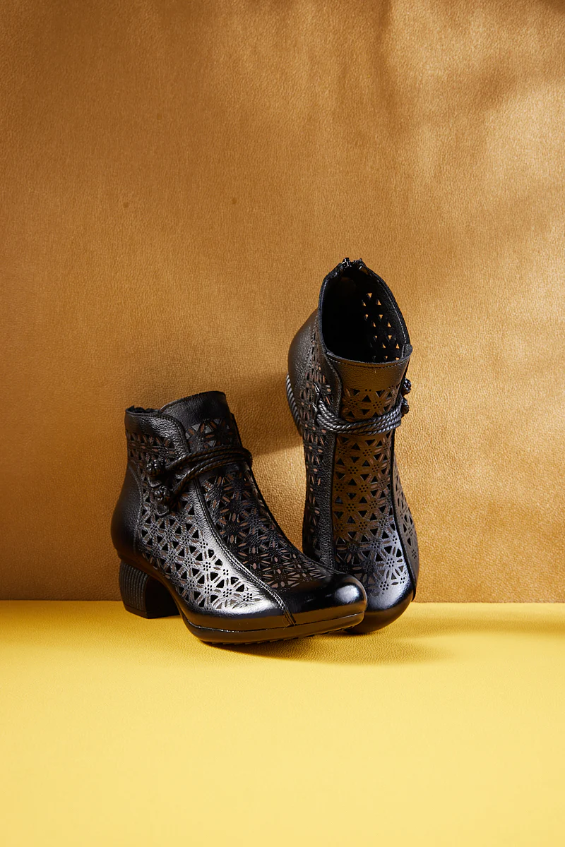 Rumour Has It | Snowflake Perforated Upper Leather Boots - Black - Image 5