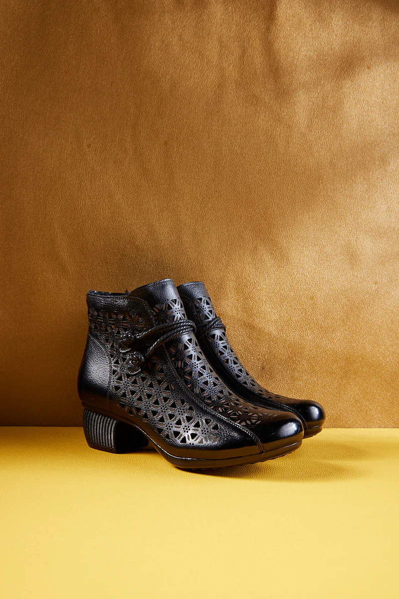 Rumour Has It | Snowflake Perforated Upper Leather Boots - Black - Image 6