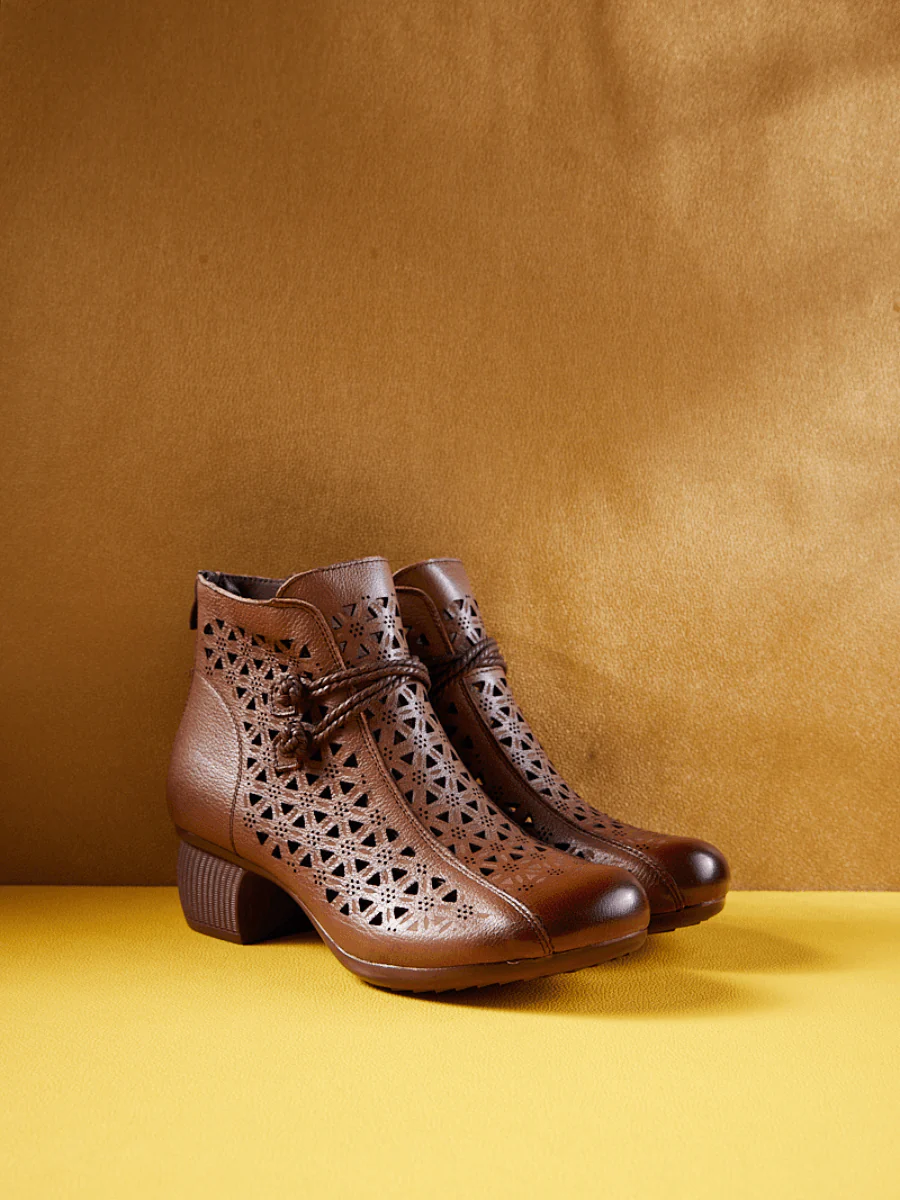 Rumour Has It | Snowflake Perforated Upper Leather Boots - Brown - Image 2
