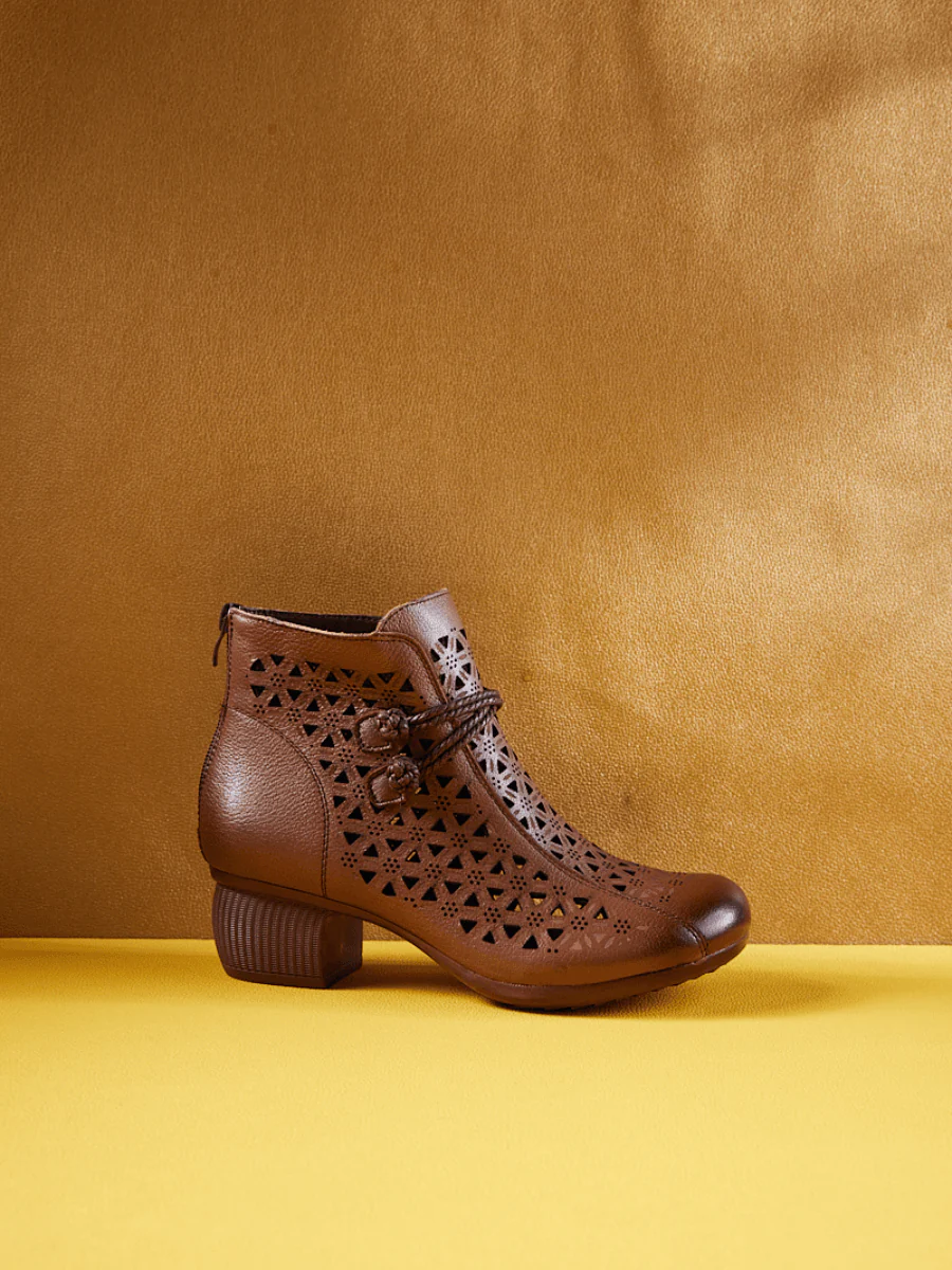 Rumour Has It | Snowflake Perforated Upper Leather Boots - Brown - Image 3