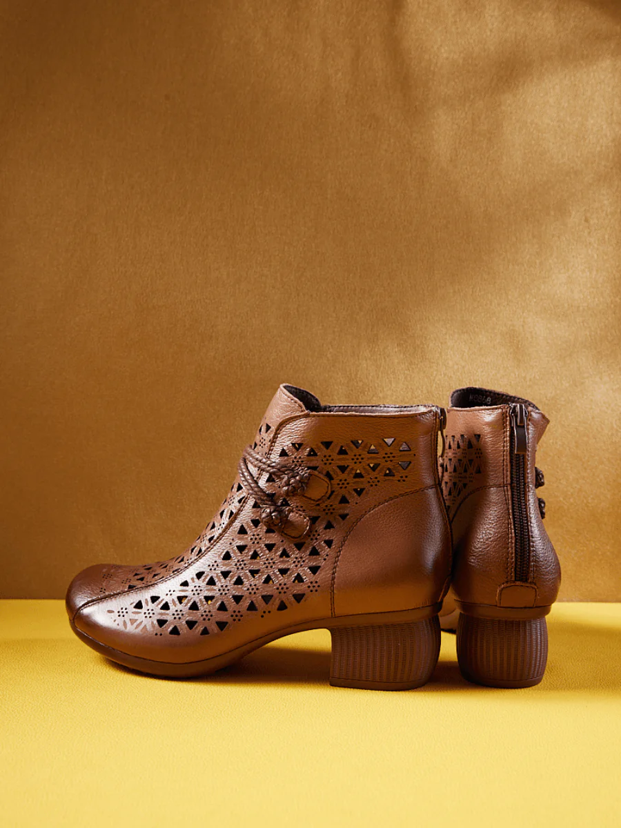 Rumour Has It | Snowflake Perforated Upper Leather Boots - Brown - Image 4