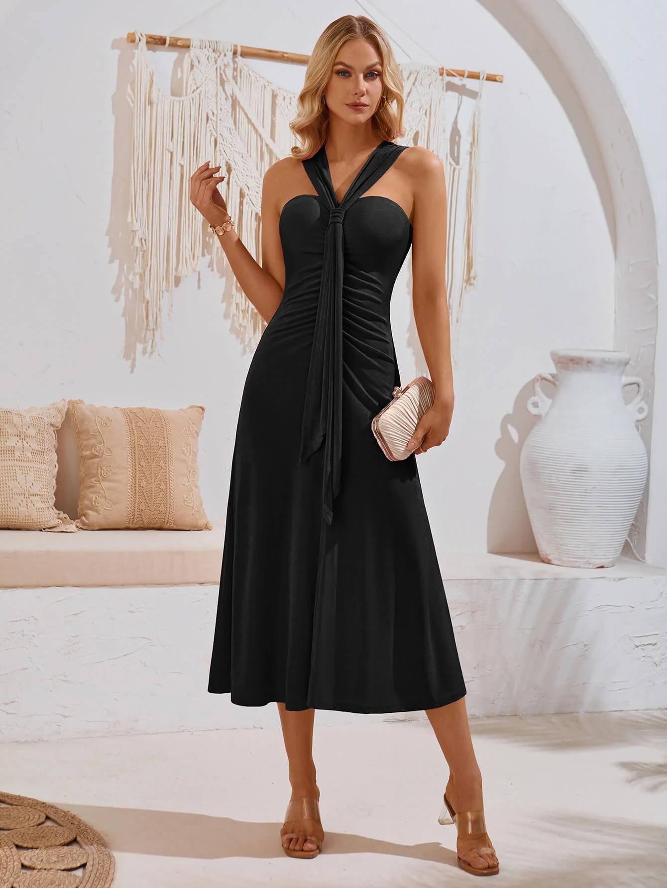 Rylee Solid Halter Neck Maxi Dress - Black - Image 4