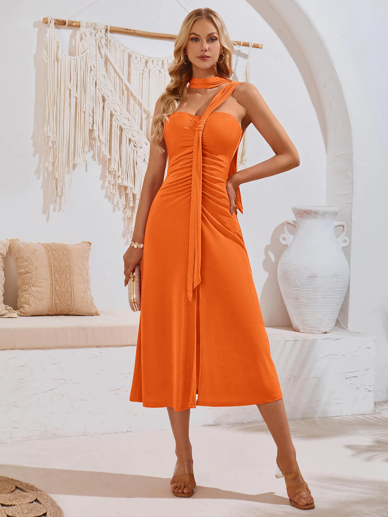 Rylee Solid Halter Neck Maxi Dress - Orange - Image 4