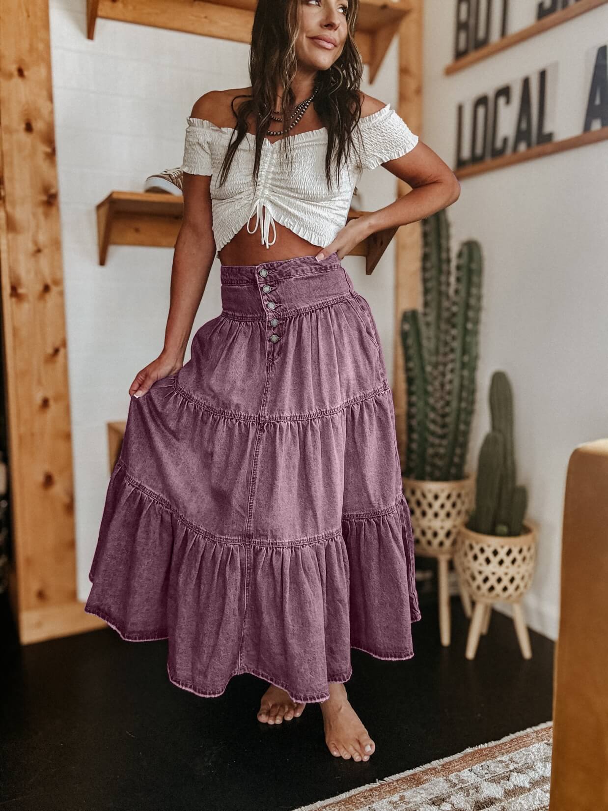 Sandie Tiered Denim Maxi Skirt - Image 17
