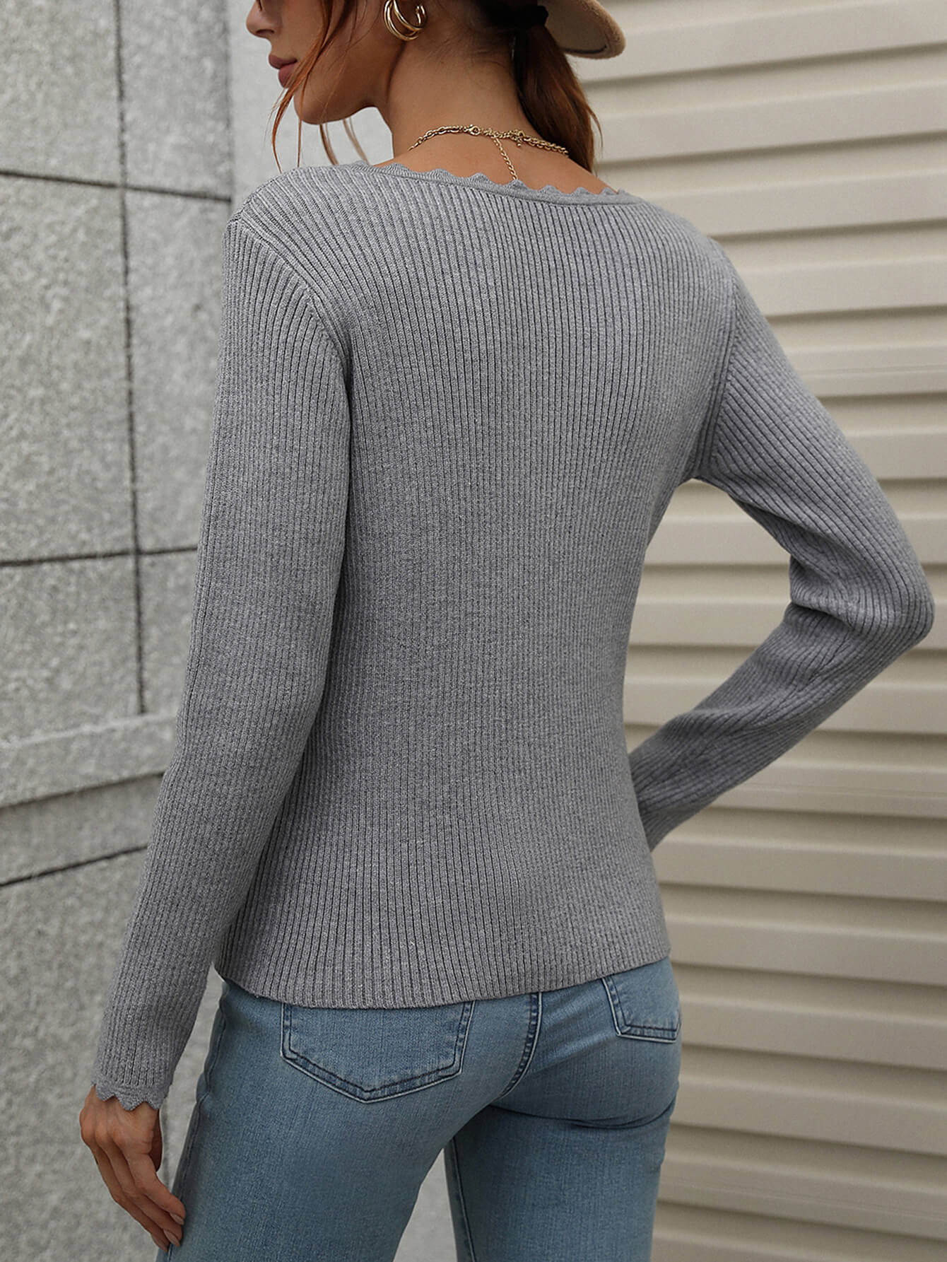 SCALLOP KNIT TOP - GREY - Image 3