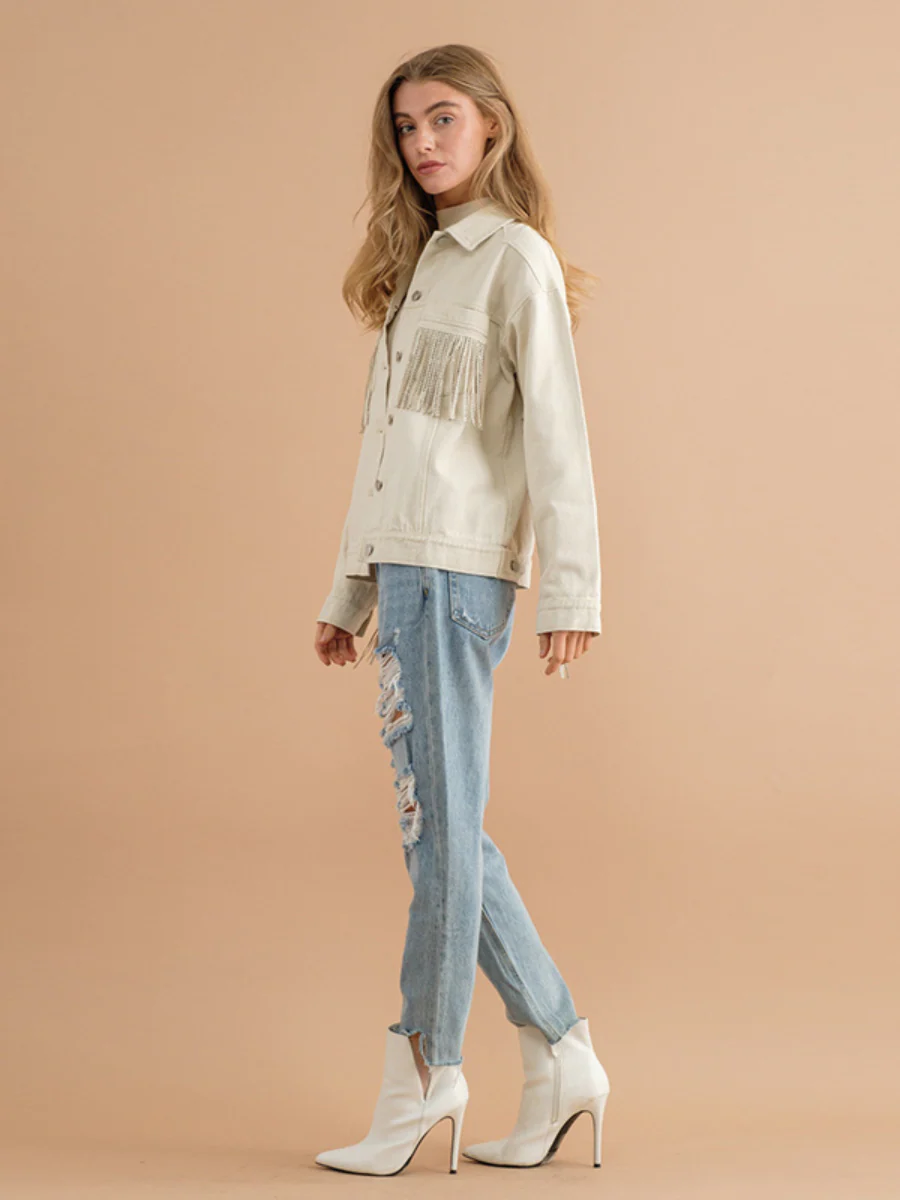 SEQUIN TASSEL WING RETRO DENIM JACKET - ECRU - Image 3