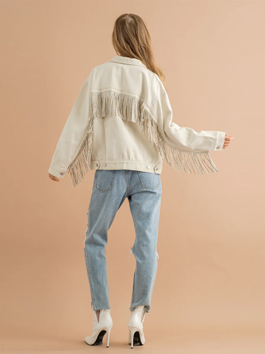 SEQUIN TASSEL WING RETRO DENIM JACKET - ECRU - Image 4