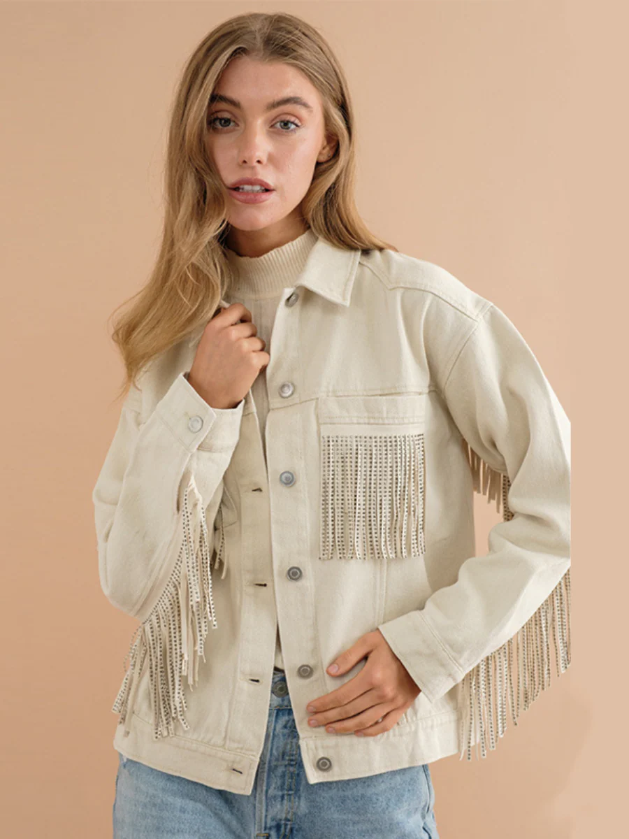 SEQUIN TASSEL WING RETRO DENIM JACKET - ECRU - Image 5