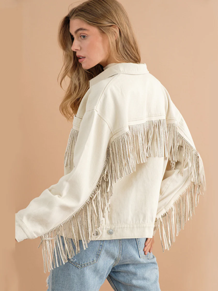 SEQUIN TASSEL WING RETRO DENIM JACKET - ECRU - Image 6