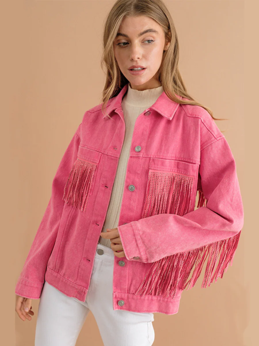 SEQUIN TASSEL WING RETRO DENIM JACKET - PINK - Image 3