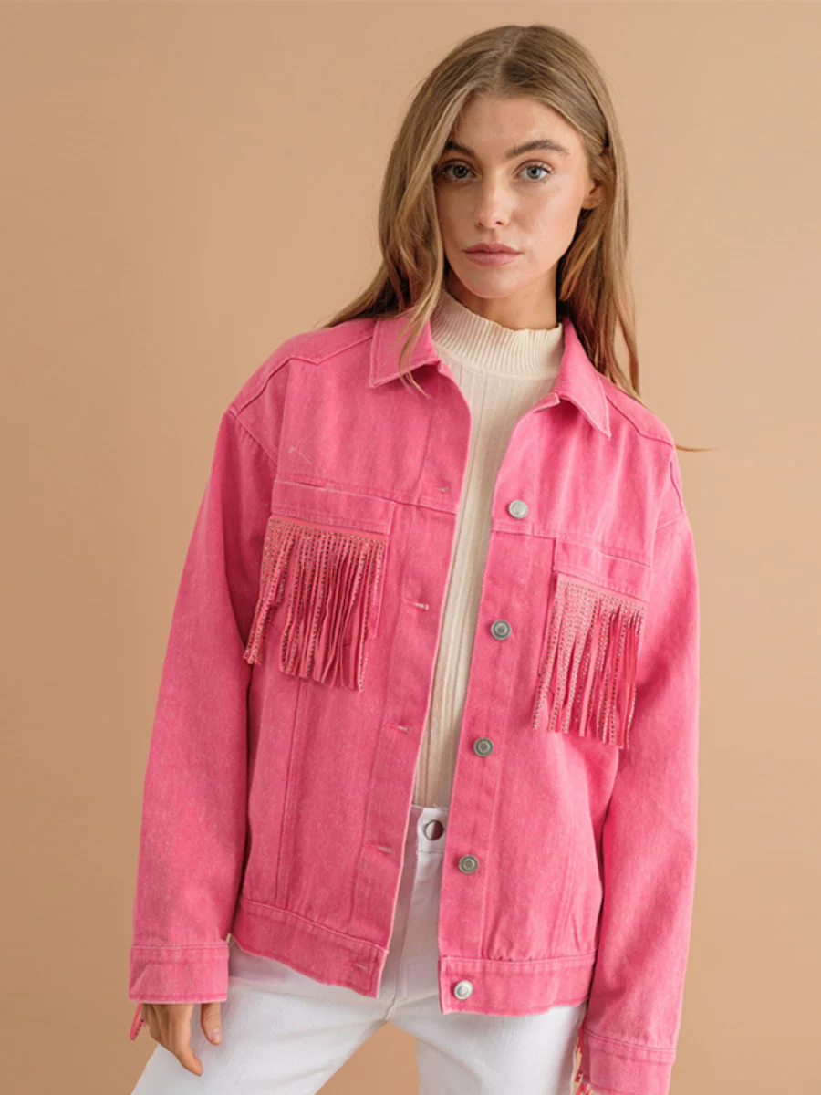 SEQUIN TASSEL WING RETRO DENIM JACKET - PINK - Image 4