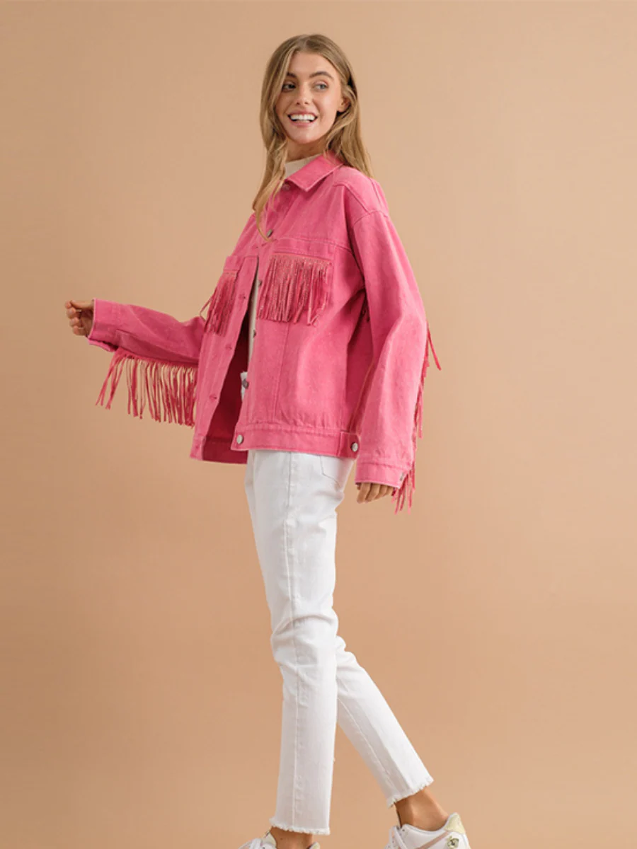 SEQUIN TASSEL WING RETRO DENIM JACKET - PINK - Image 5