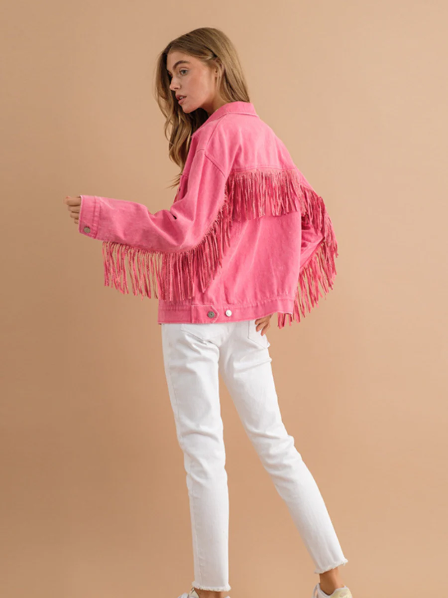 SEQUIN TASSEL WING RETRO DENIM JACKET - PINK - Image 6