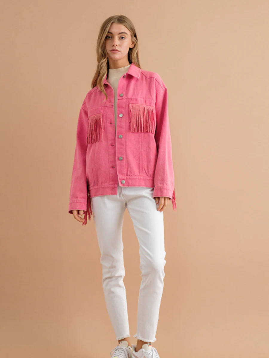 SEQUIN TASSEL WING RETRO DENIM JACKET - PINK - Image 7