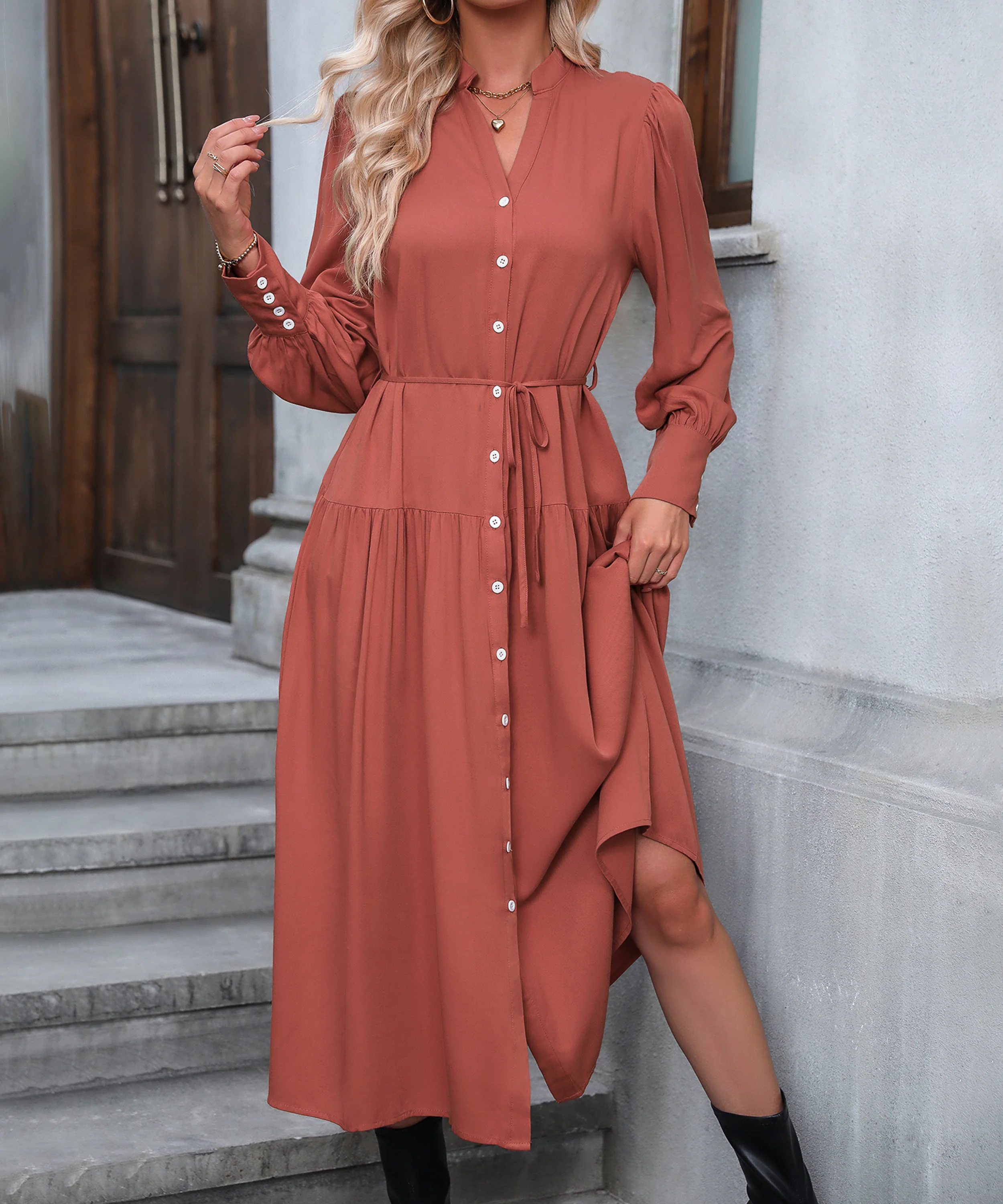 Serengeti Tie Waist Button Front Midi Dress - Rust - Image 2