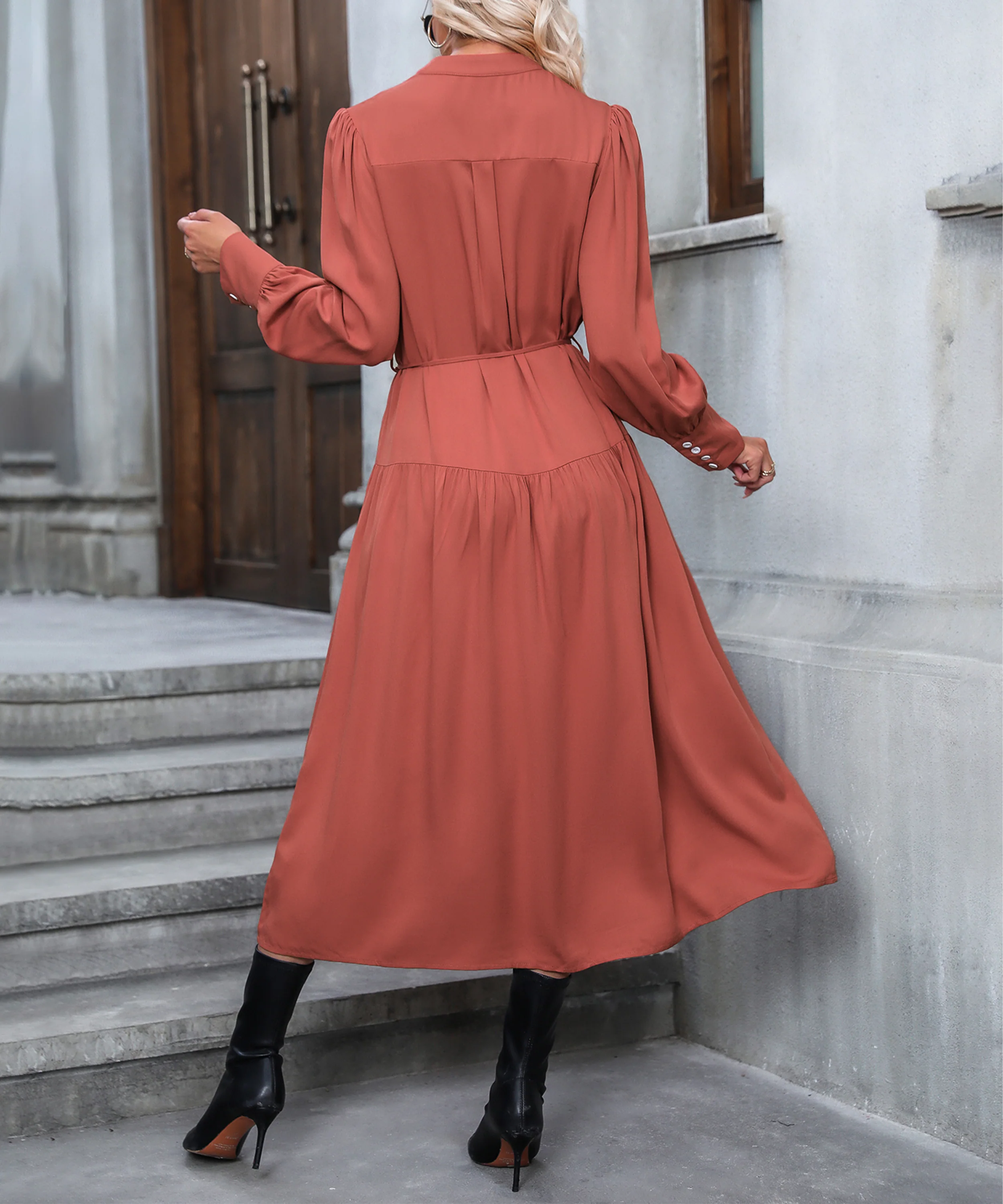 Serengeti Tie Waist Button Front Midi Dress - Rust - Image 4