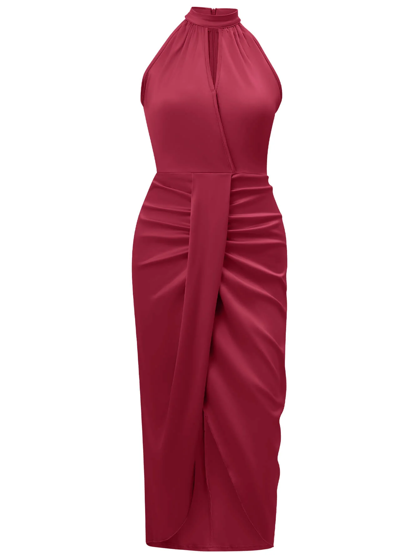 Serenity Halter Neck Slit Satin Midi Dress - Burgundy - Image 7