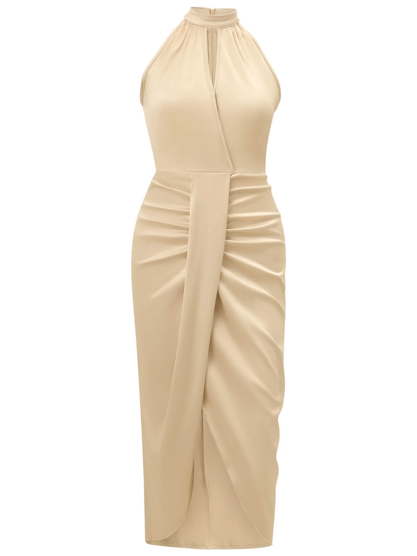 Serenity Halter Neck Slit Satin Midi Dress - Champagne - Image 7