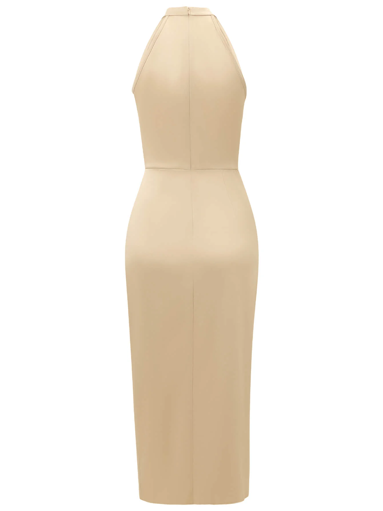 Serenity Halter Neck Slit Satin Midi Dress - Champagne - Image 8