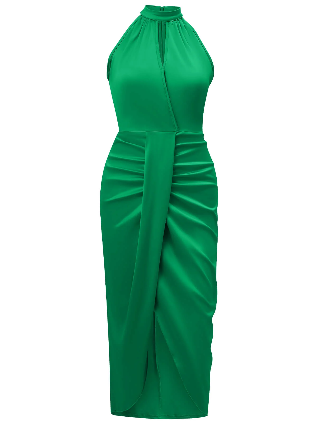 Serenity Halter Neck Slit Satin Midi Dress - Emerald - Image 7