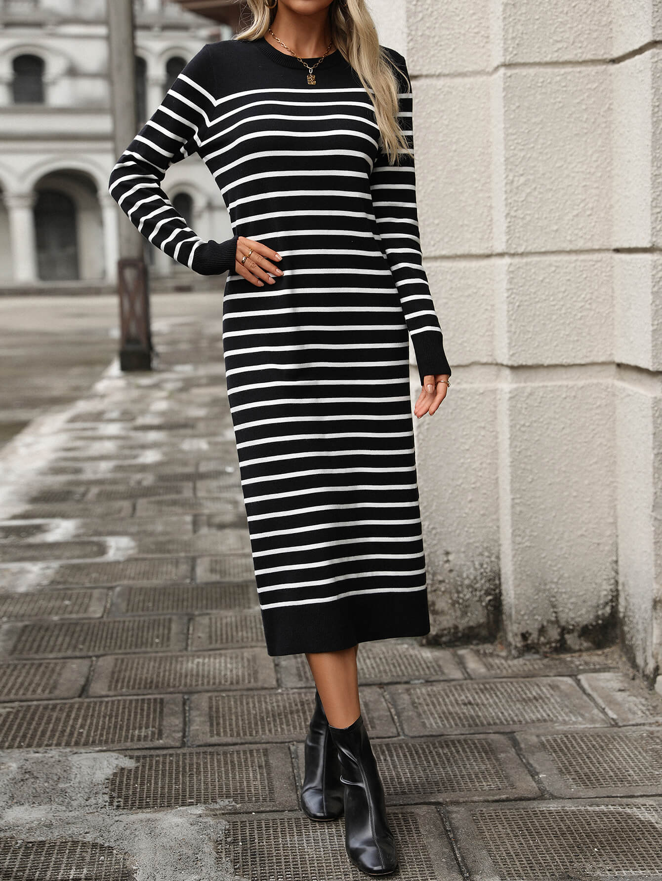 Seville Striped Sweater Midi Dress - Black - Image 2