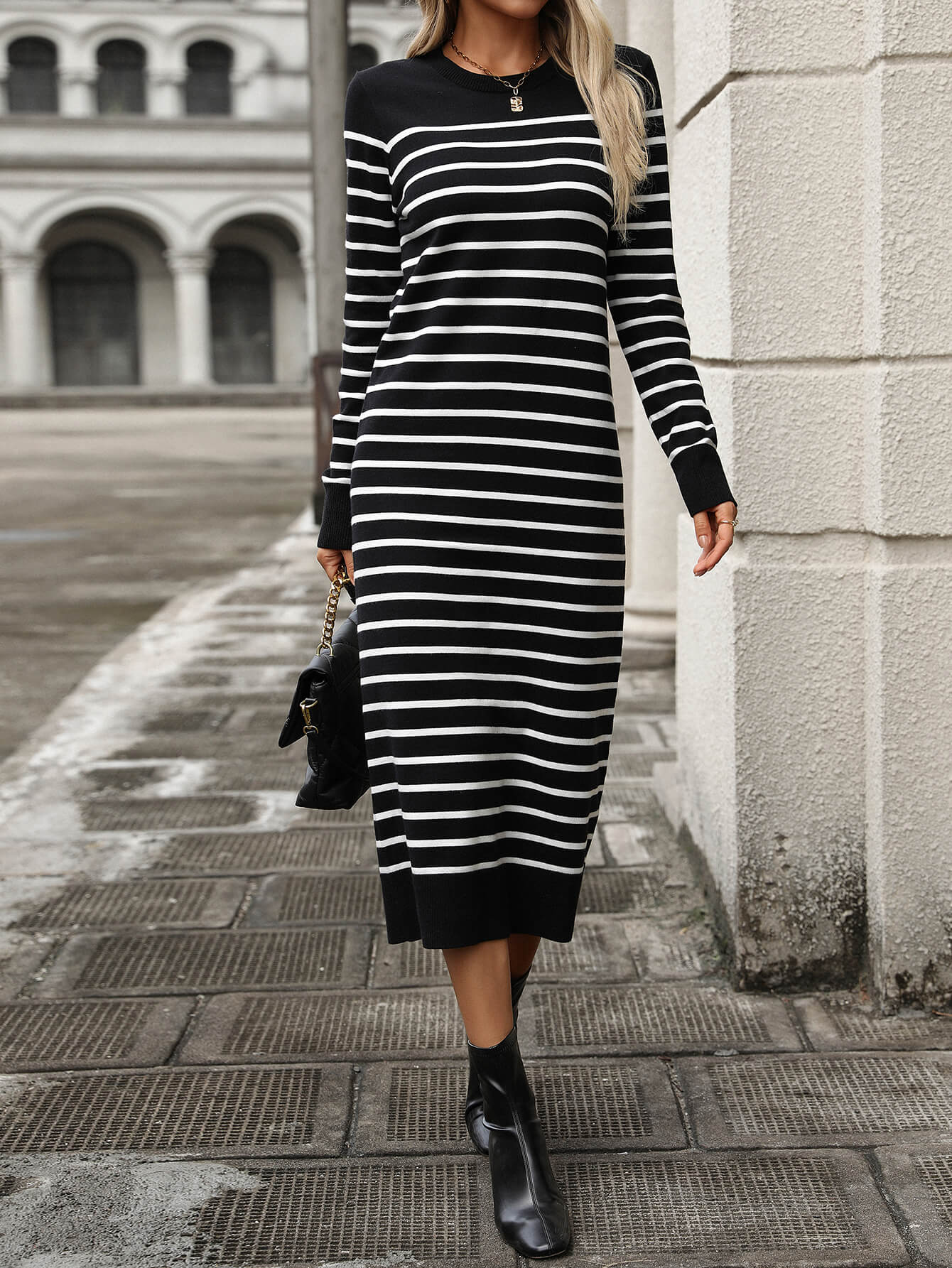 Seville Striped Sweater Midi Dress - Black - Image 4