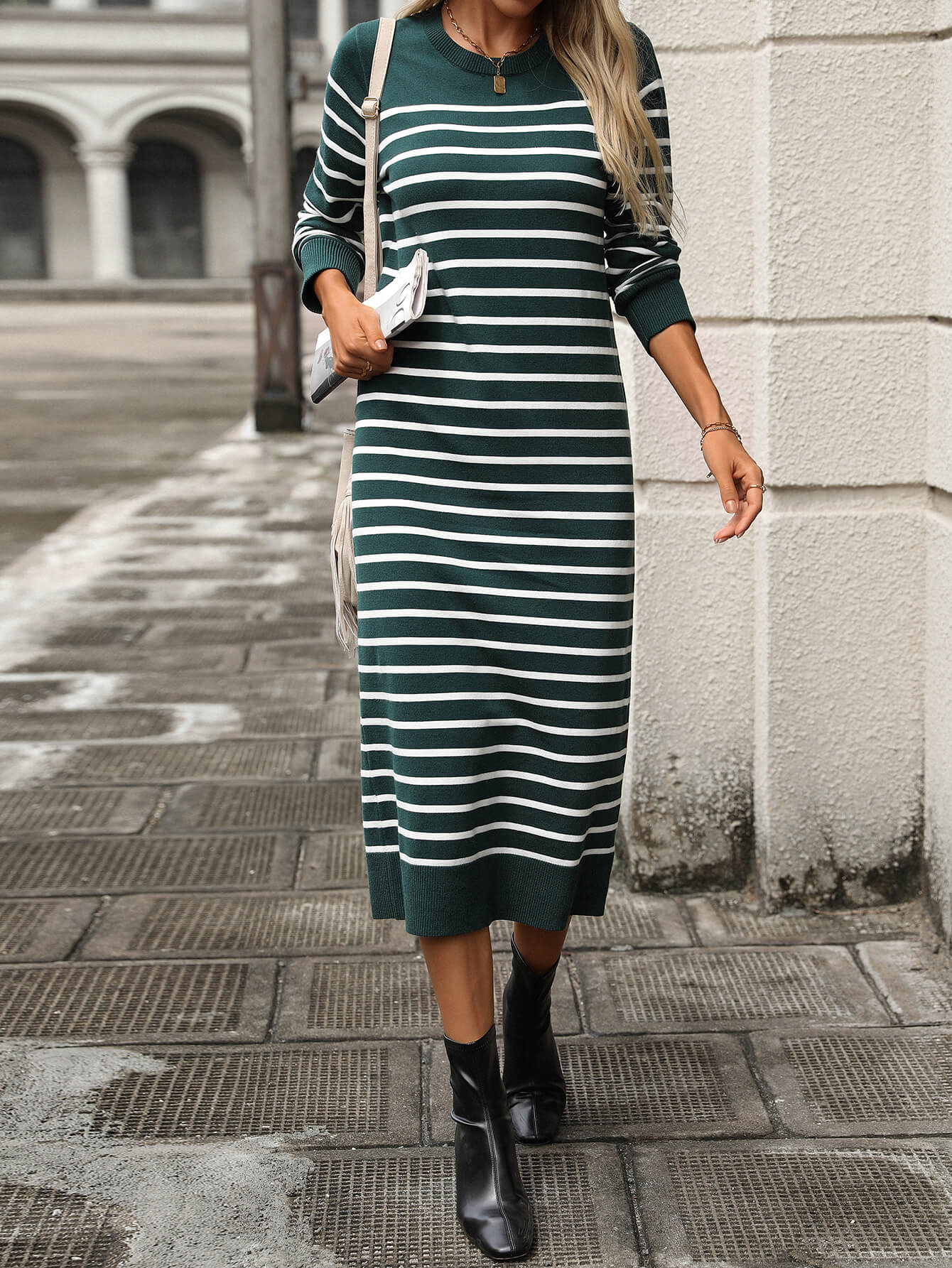 Seville Striped Sweater Midi Dress - Green - Image 2
