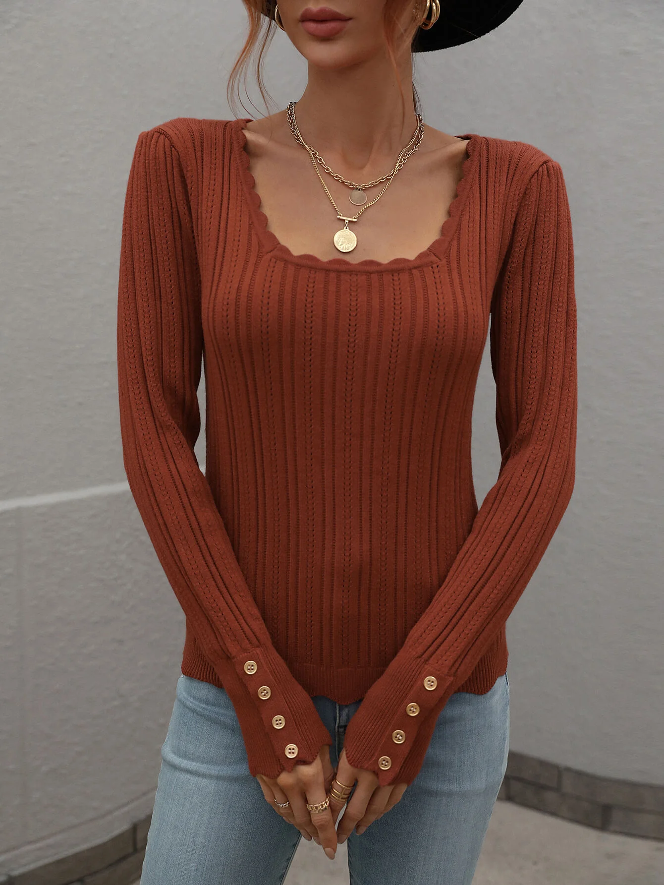 SHELL KNIT TOP - BROWN - Image 2