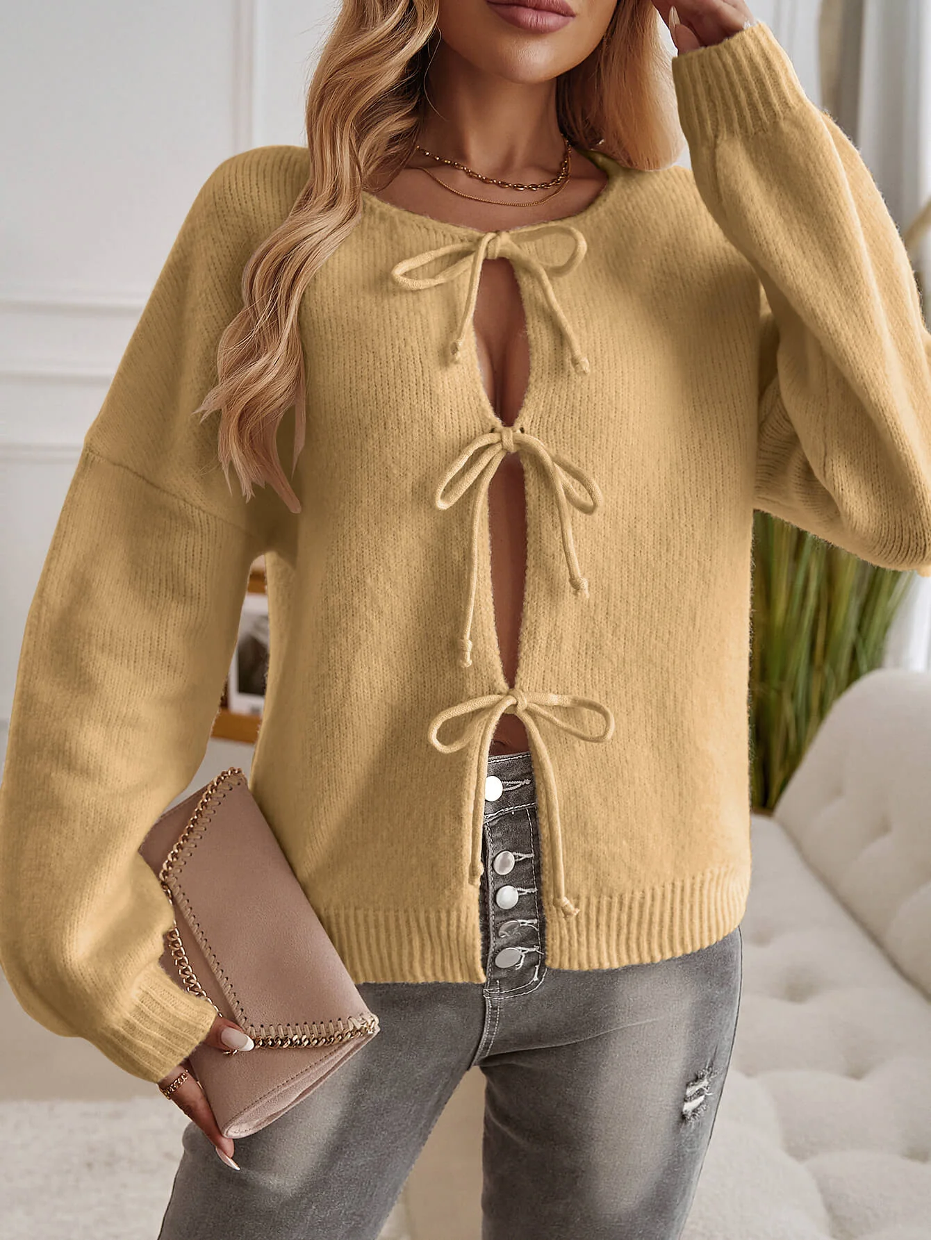 Shes The Cute Bow Detail Sweater Cardigan - Yellow - Image 2