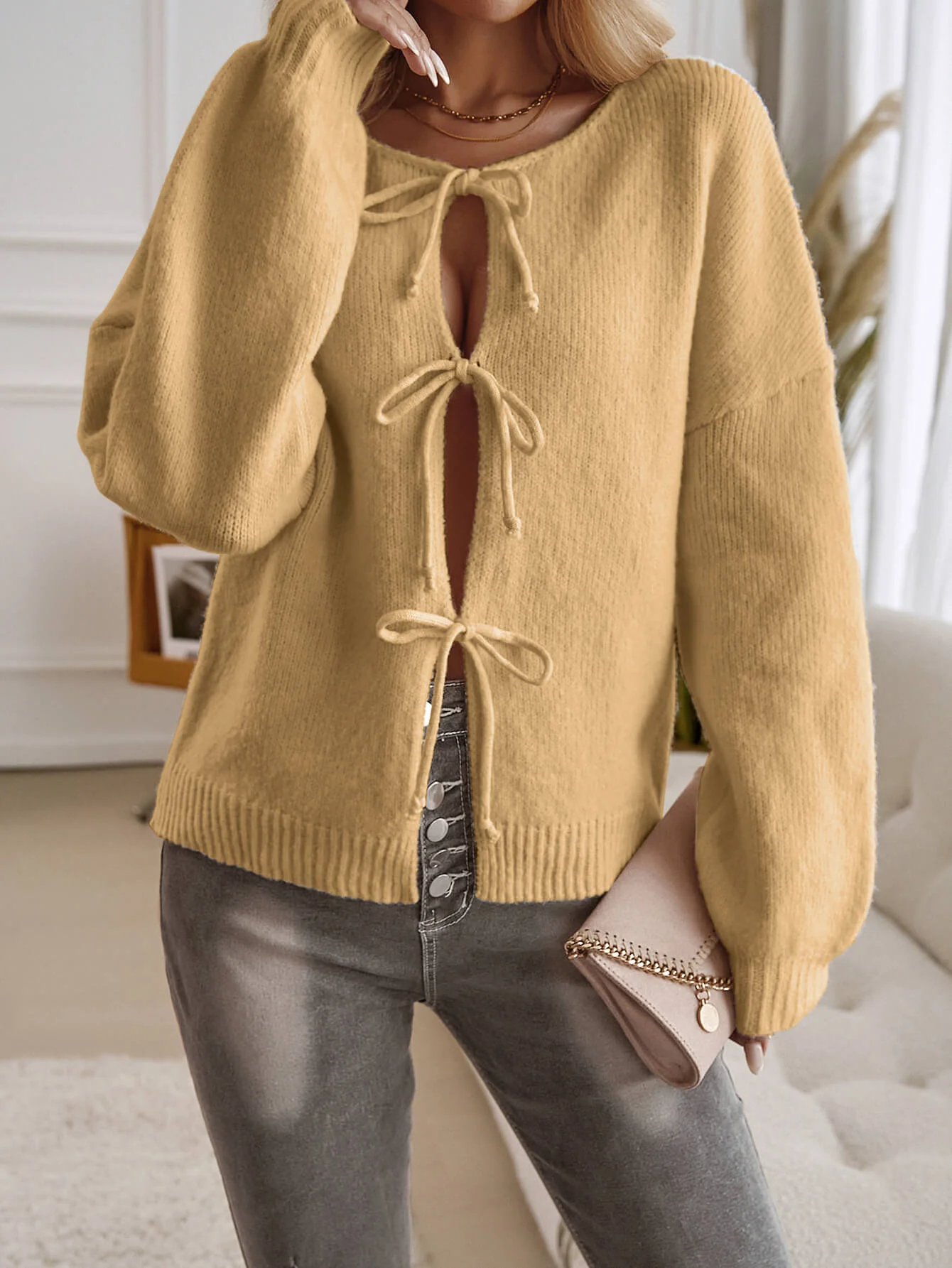 Shes The Cute Bow Detail Sweater Cardigan - Yellow - Image 3