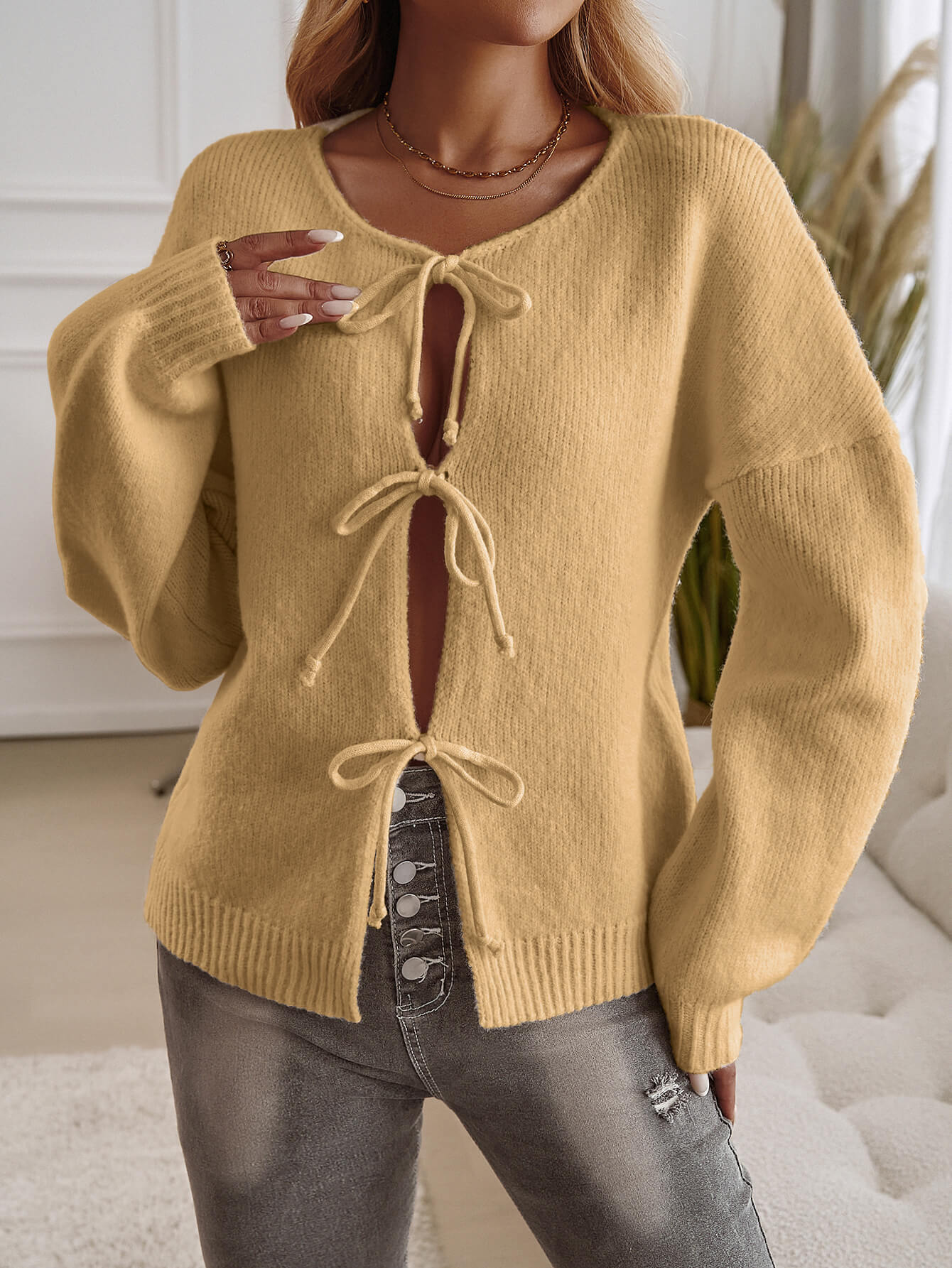 Shes The Cute Bow Detail Sweater Cardigan - Yellow - Image 4