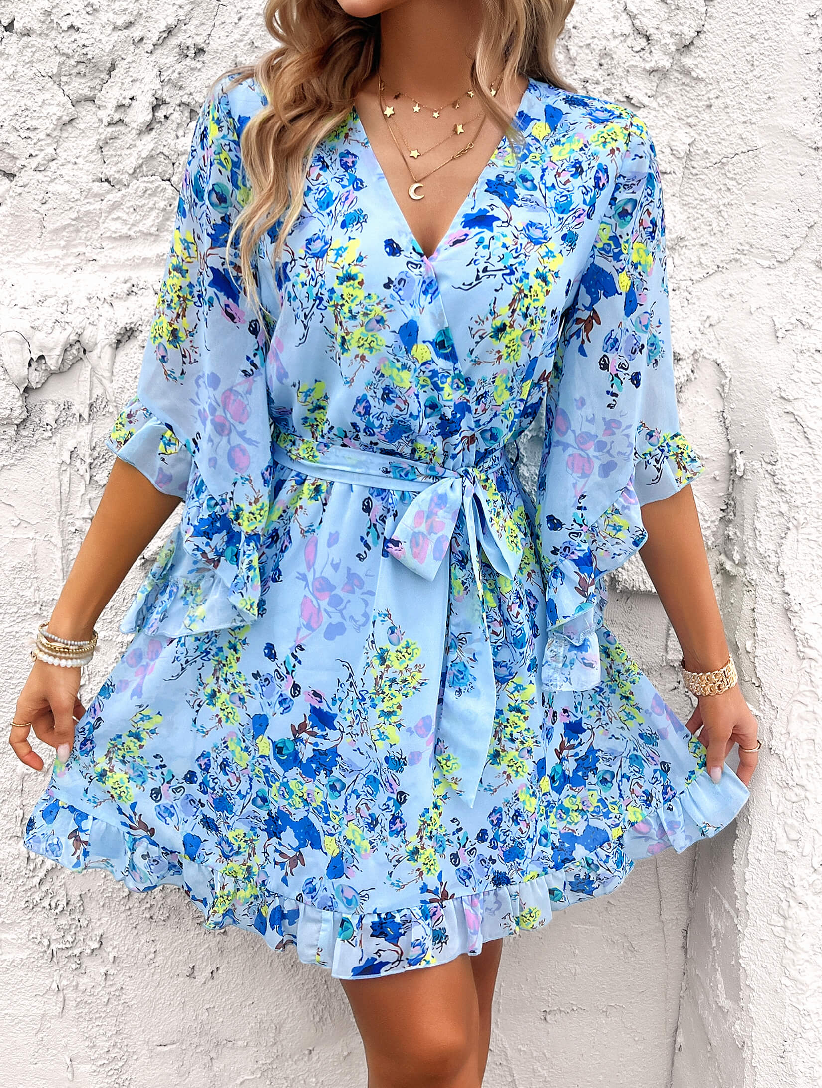 Sienna Floral Wrap Mini Dress - Sky Blue - Image 6