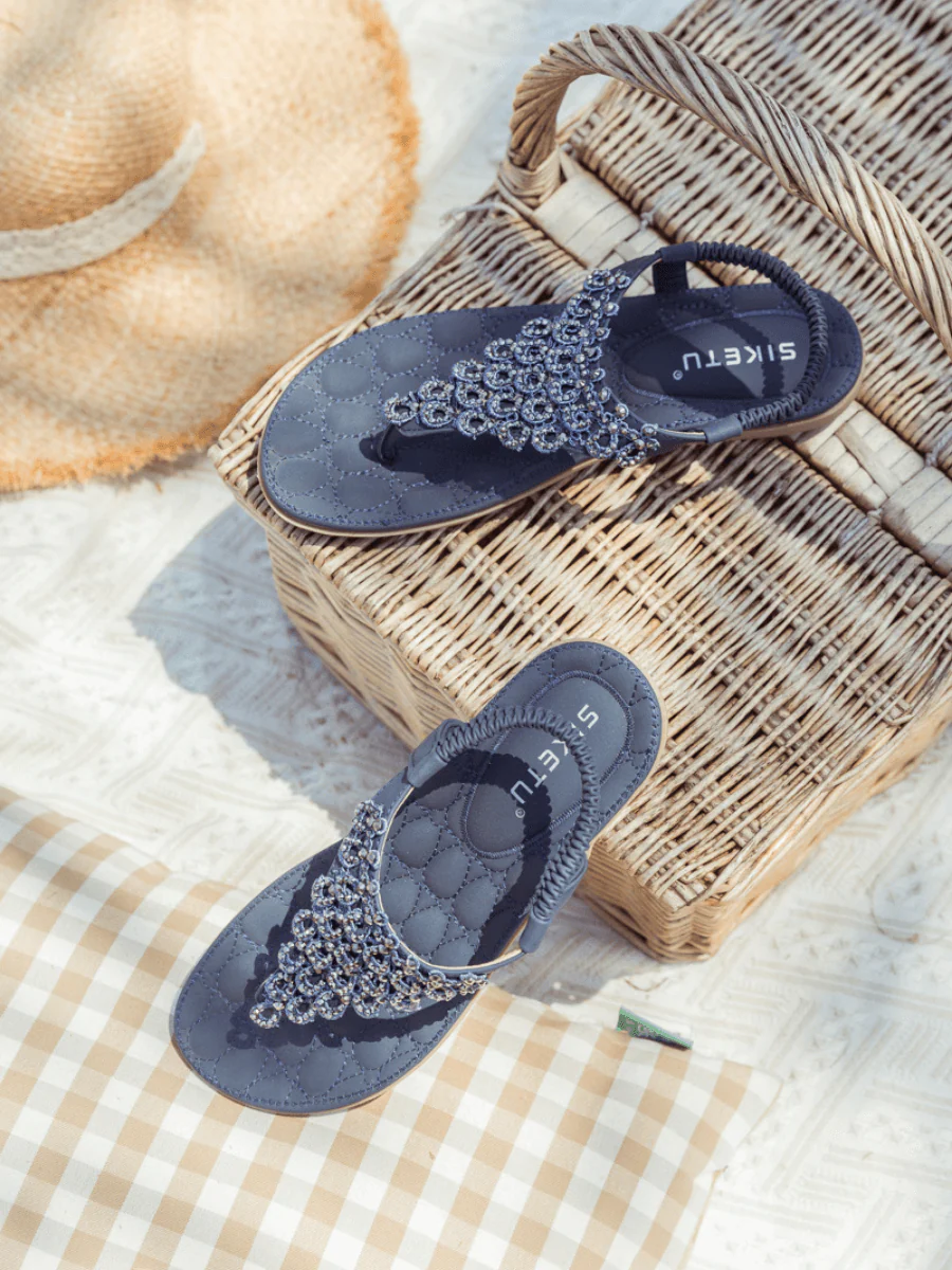 SIKETU | Navy Crystal V-Strap Sandals - Image 10